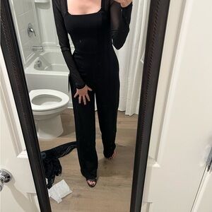 Lulu's Elegant Black Jumpsuit with Sheer Long Sleeves